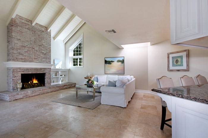 Living room with fireplace and sofa