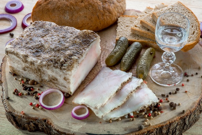 Salo with Bread, Cucumbers, and Vodka