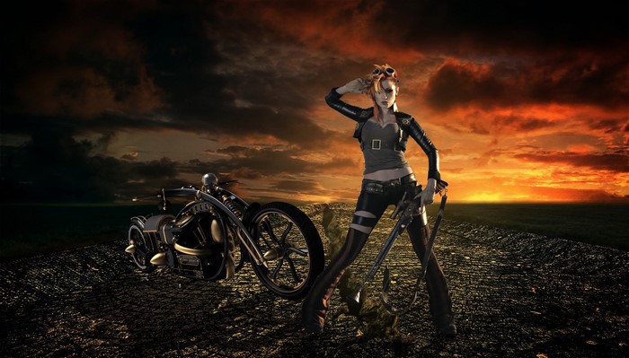 Steampunk woman with motorcycle at sunset