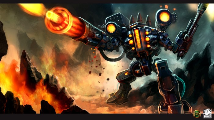 Artillery Mech Firing in Fiery Landscape - Heroes of Newerth