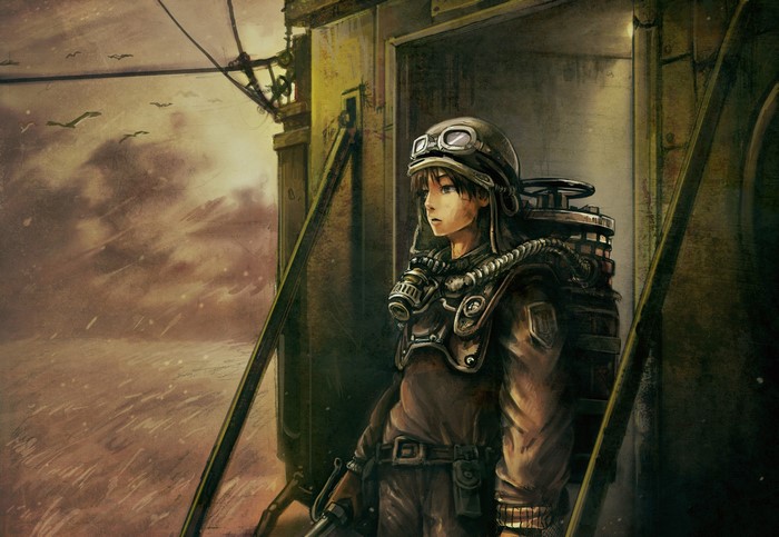 Warrior with gas mask and helmet