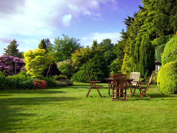 Garden with wooden table and chairs on lawn