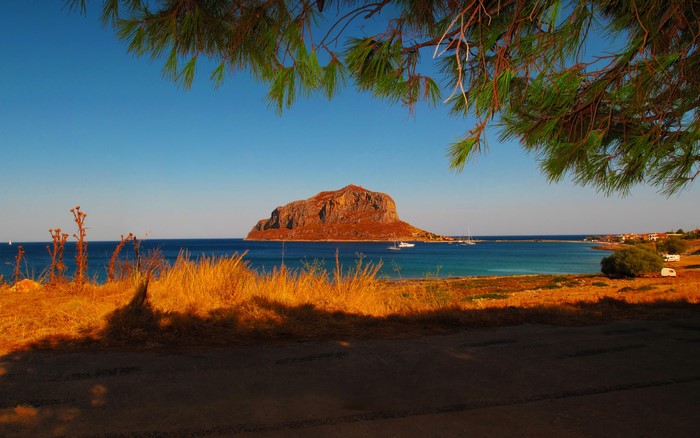 Monemvasia rock island and coast in Laconia, Greece