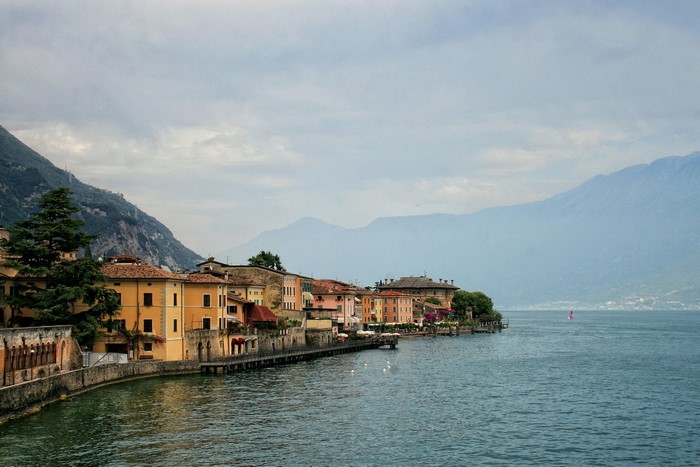 Gargnano, Italy houses on the sea with mountains