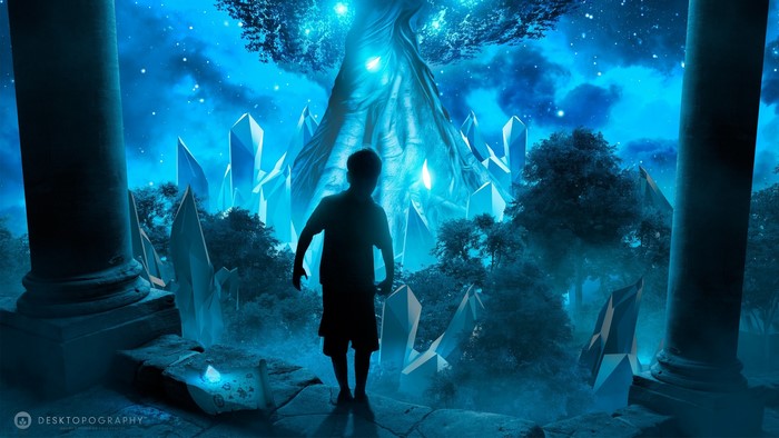 Boy in a fantasy forest with crystals and a glowing tree