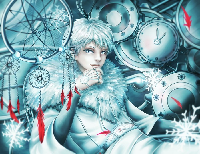 Anime boy with dreamcatchers and clockwork