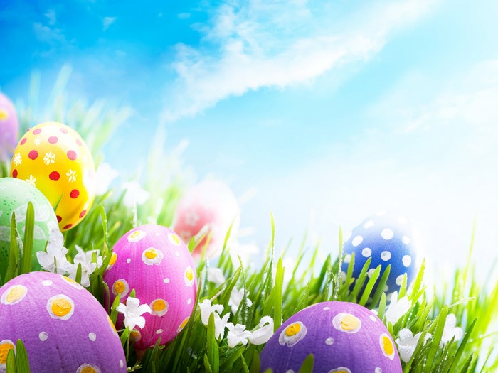 Easter Eggs in Green Grass Under Blue Sky