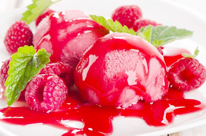 Raspberry Ice Cream with Fresh Raspberries and Mint