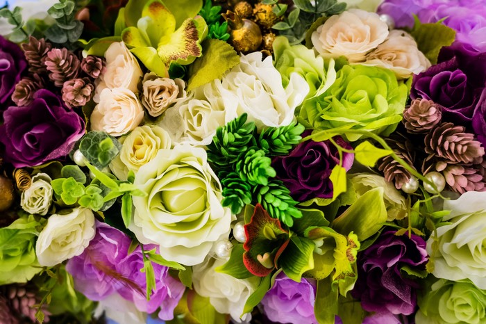 Close-up of a colorful artificial flower arrangement