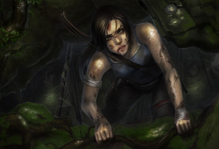 Lara Croft from Tomb Raider in a dark forest
