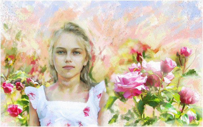 Alberto Guillen's painting of a girl in a rose garden