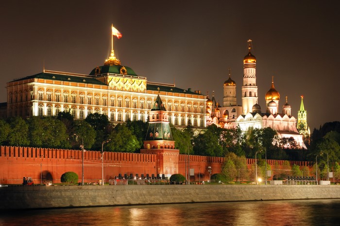 Moscow Kremlin at night with river in foreground