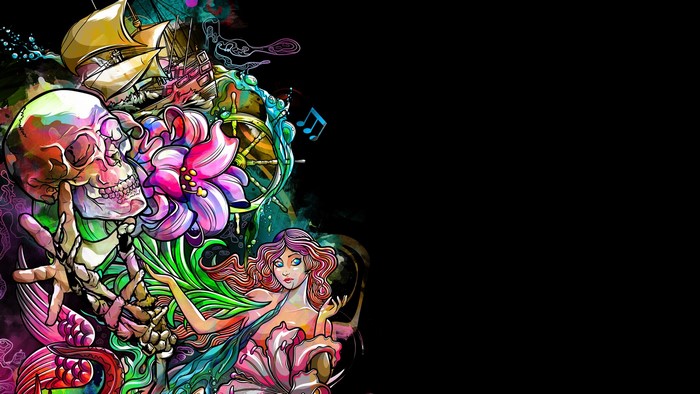 Skull and Mermaid with Ship and Flowers