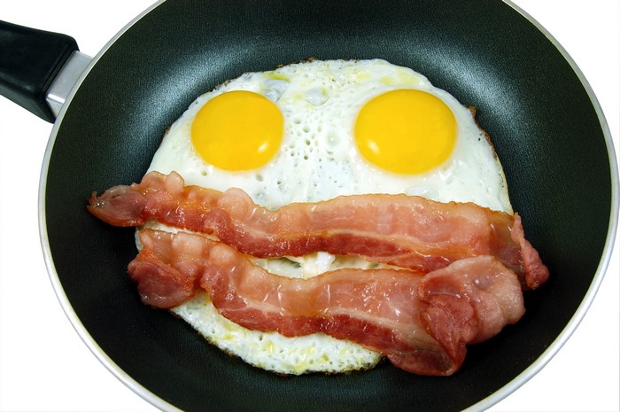 Fried eggs and bacon in a frying pan