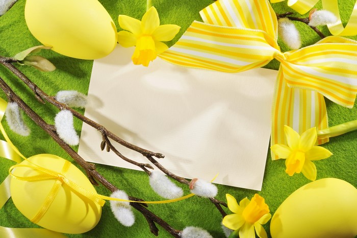 Easter Eggs and Daffodils with Yellow Bow