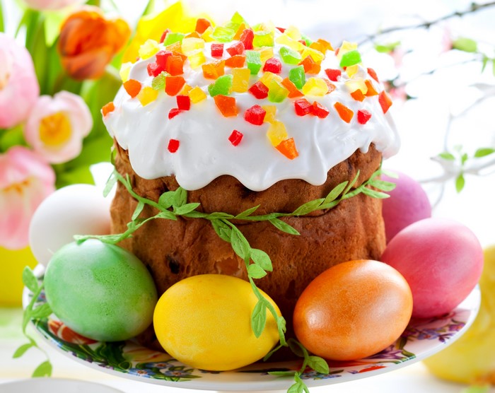 Easter Kulich with Glaze and Candied Fruit, Decorated with Eggs