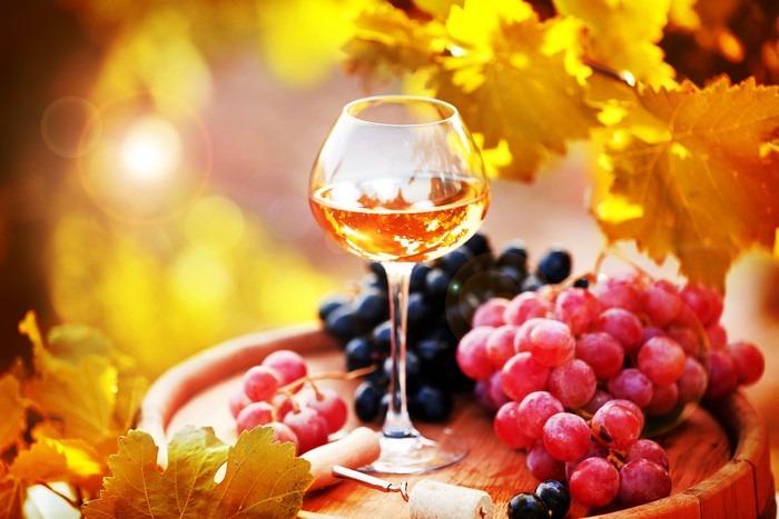Glass of white wine with grapes and autumn foliage