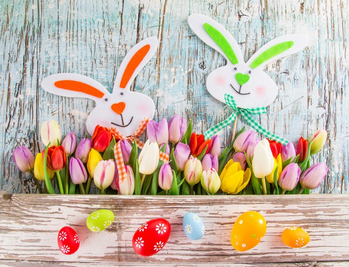 Easter Tulips and Rabbits with Eggs