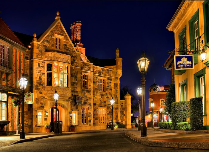 Street scene at night in Disneyland, Anaheim, California