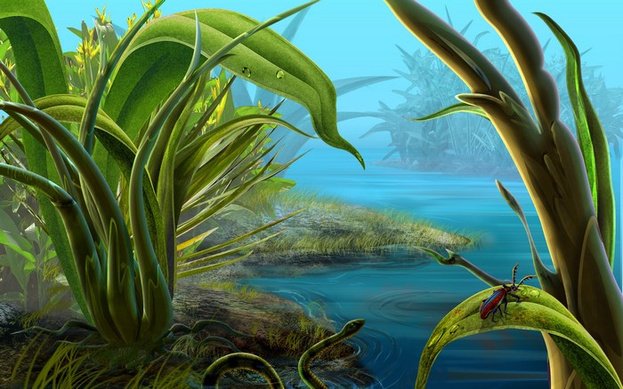 A snake and a beetle in a swampy landscape