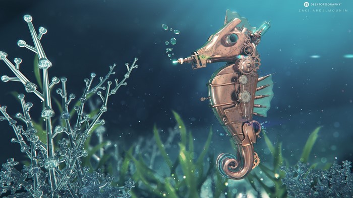 Steampunk seahorse with gears and bubbles