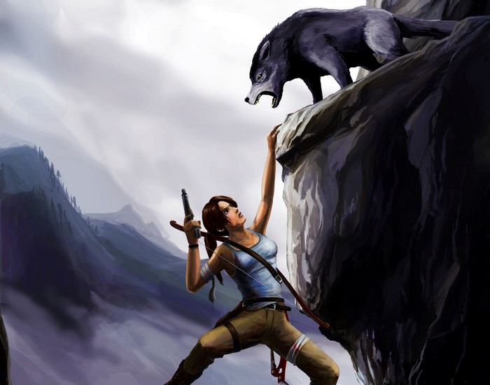 Lara Croft from Tomb Raider fighting a wolf on a cliff
