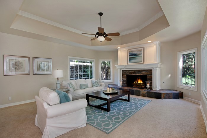 Living room with fireplace, sofa, and armchair