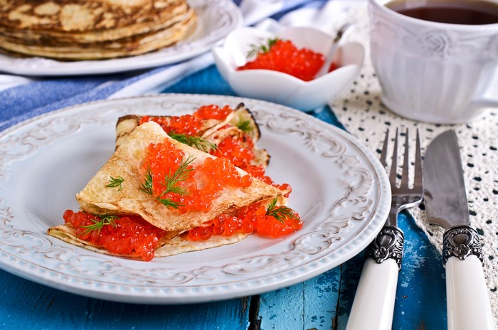 Pancakes with Red Caviar and Dill