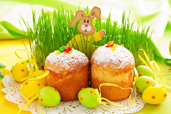Easter cakes with eggs and bunny decoration