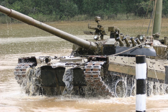 T-80 tank driving through water