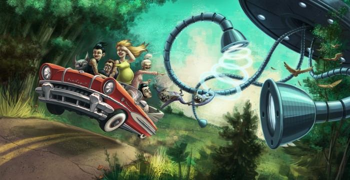 Cartoon characters in a car being abducted by a UFO