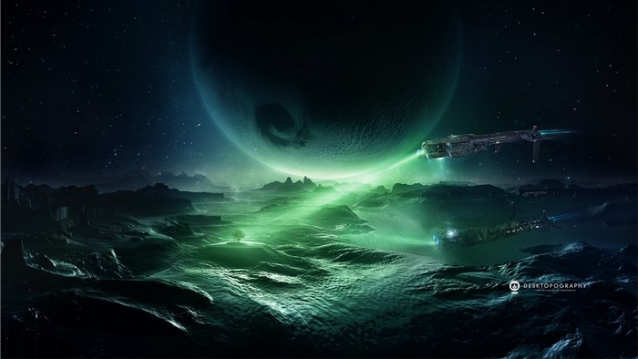 Spaceships illuminating a fantasy planet surface