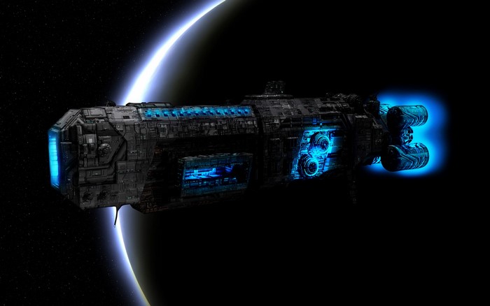 Starship in space near a planet