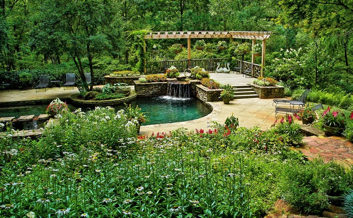 Gibbs Gardens Waterfall and Pond with Pergola
