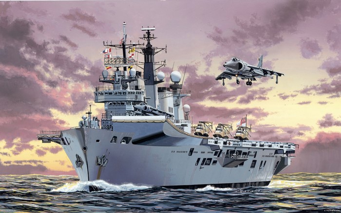 Painting of HMS Ark Royal aircraft carrier with Harrier jet
