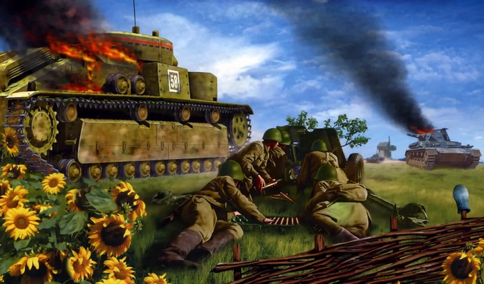 Soldiers operating artillery near burning tanks