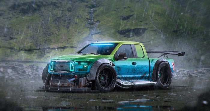 Modified Ford Raptor truck in the rain