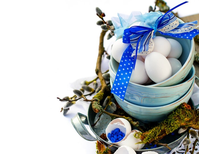 Easter Eggs in Blue Bowls with Pussy Willows