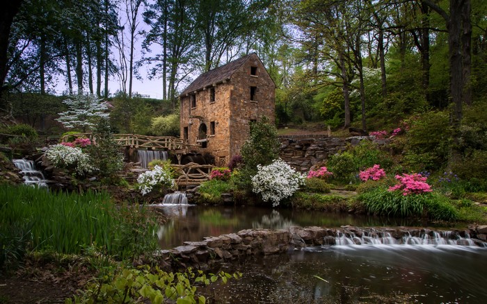 Stone Mill with Waterfalls and Flowers