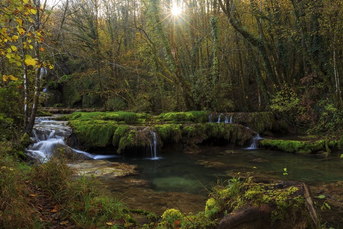 4K Forest Waterfalls with Sun Rays in France