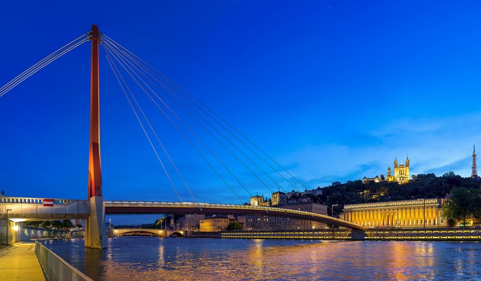 Lyon, France at night with bridges and river