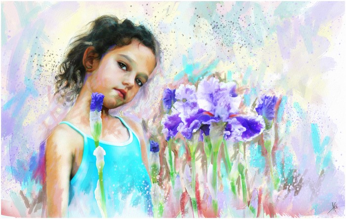 Girl with Iris flowers by Alberto Guillen