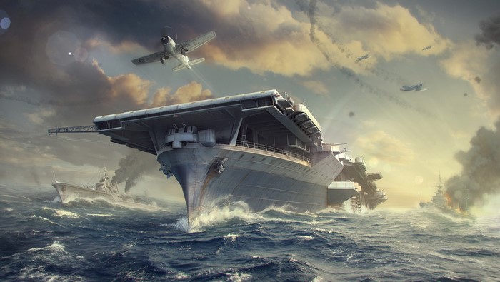 Aircraft carrier and ships in rough seas with aircraft overhead