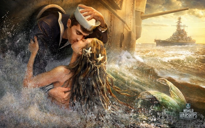 Sailor kissing a mermaid with a battleship in the background
