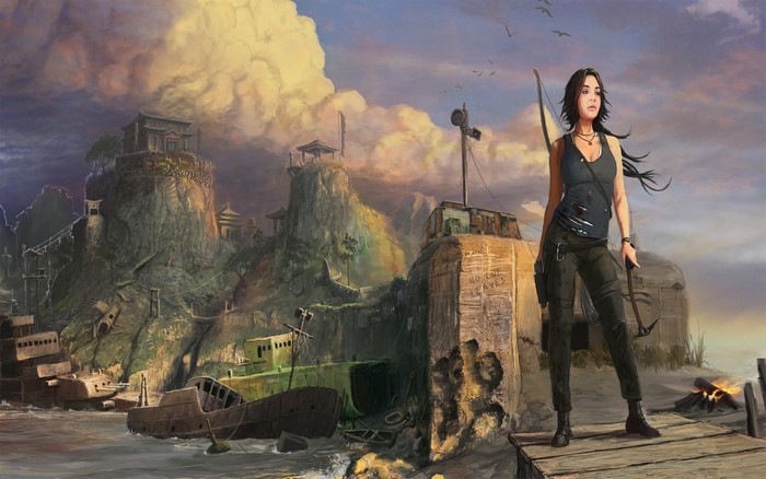 Lara Croft from Tomb Raider on a rocky island