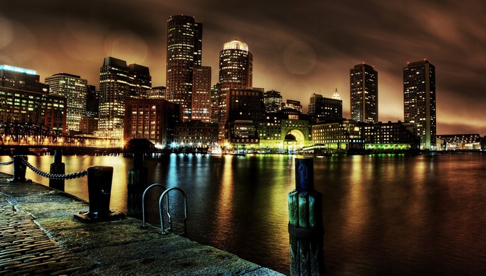 Boston Skyline at Night over the Harbor