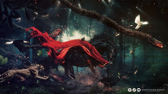 Black horse with red cape, cheetah, eagles, and dove