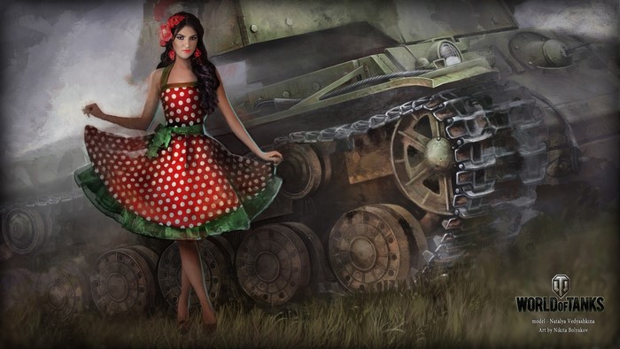 Woman in polka dot dress with World of Tanks tank