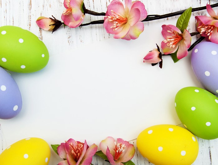 Easter eggs and pink flowers on a wooden background