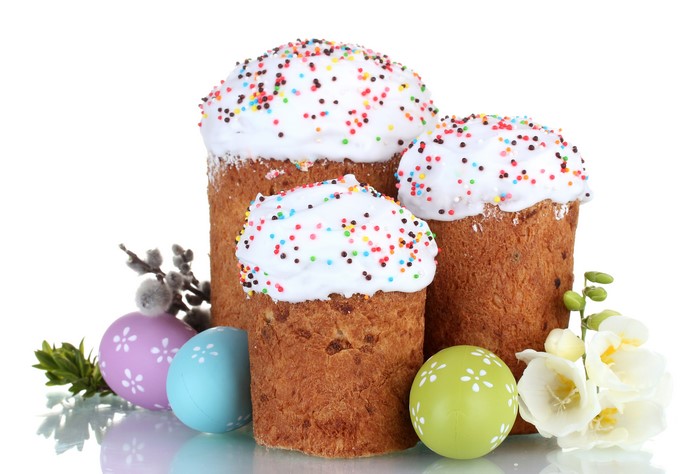 Easter Kulich Pastries with Eggs and Freesia